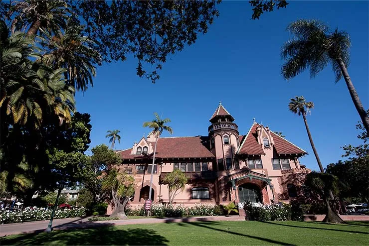 Front exterior of the historic Doheny Mansion on Chester Place