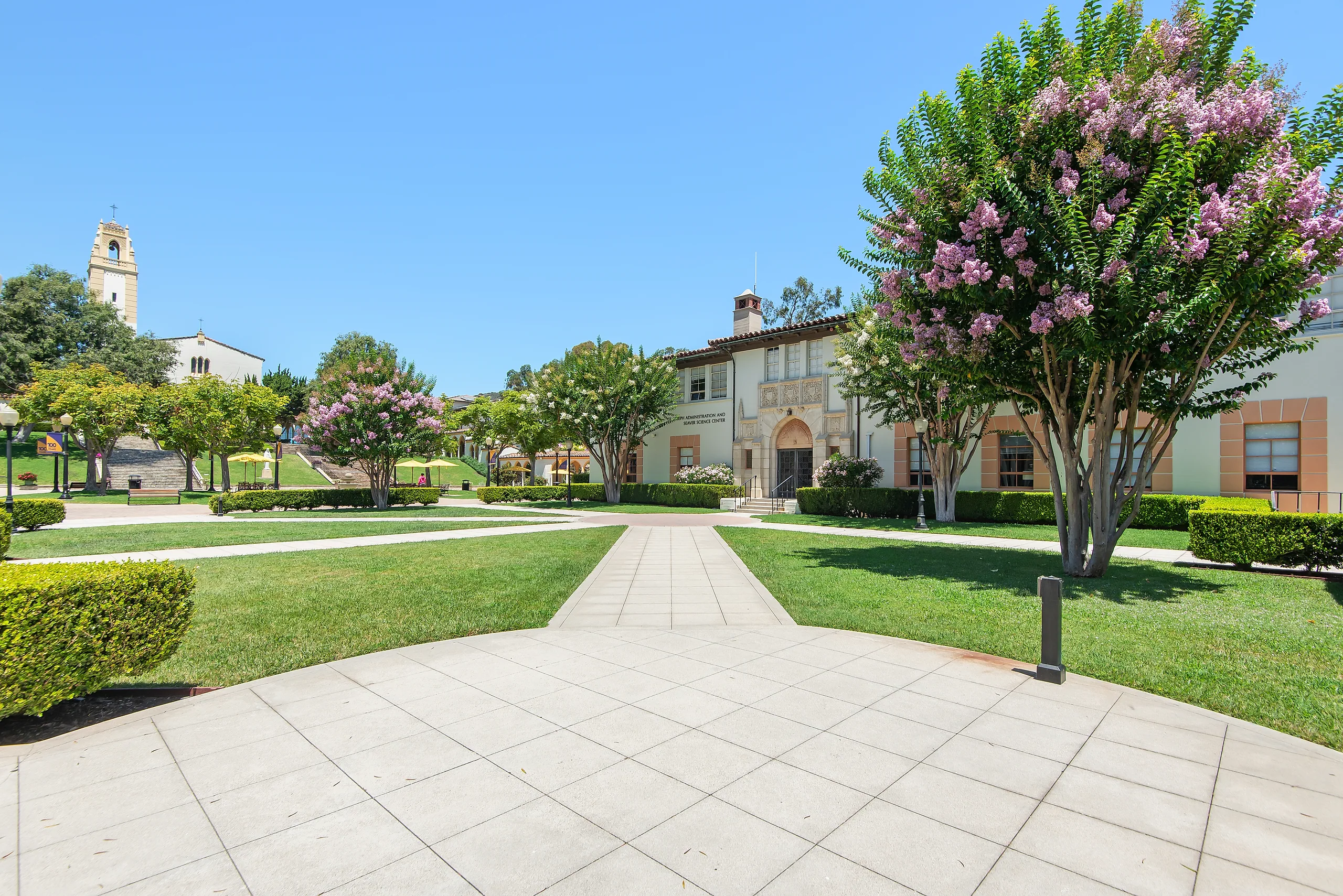 Walkway through the Chalon Campus lawns toward Mary Chapel’s tower