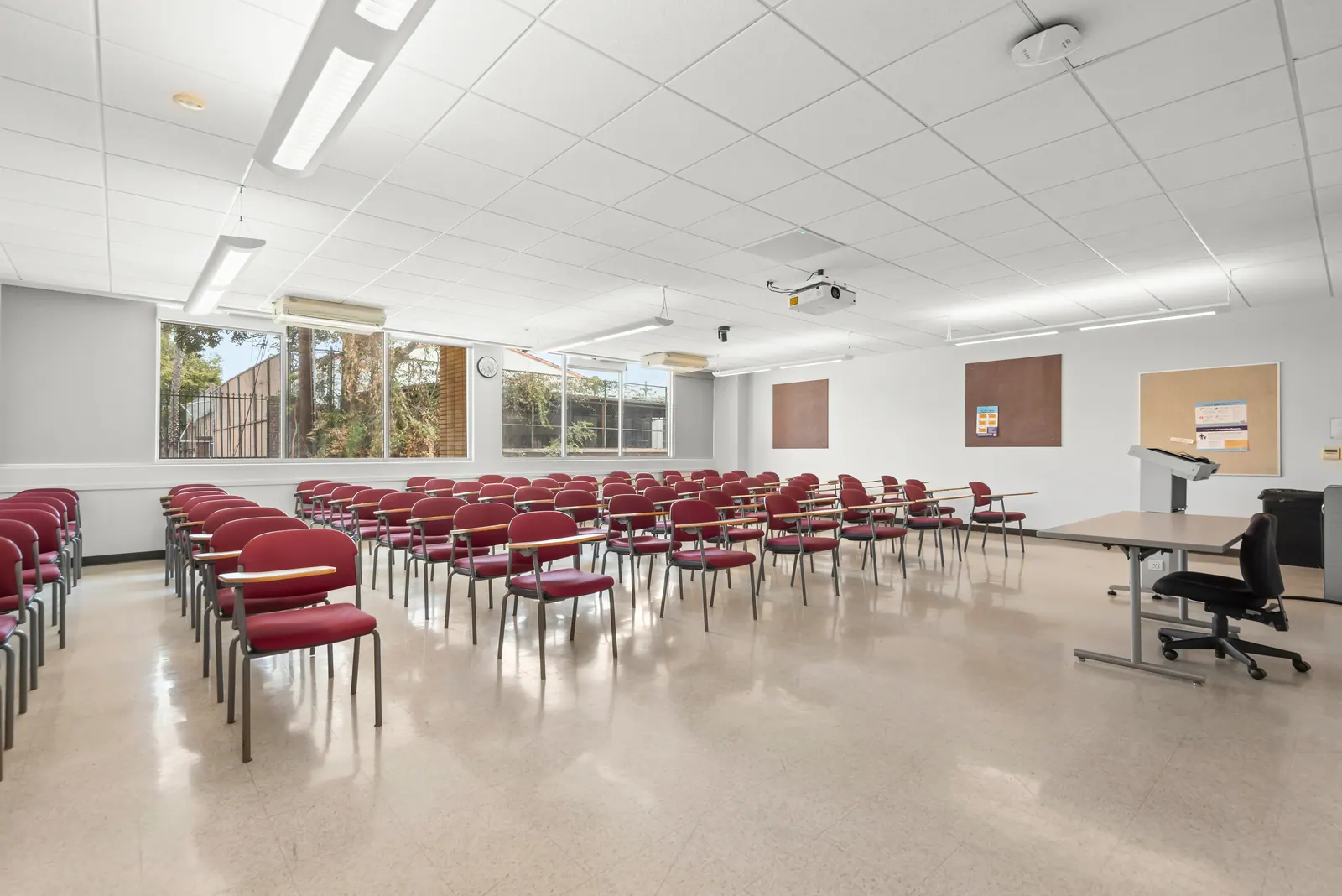 A lecture classroom set up with rows of seating at Mount Saint Mary’s University