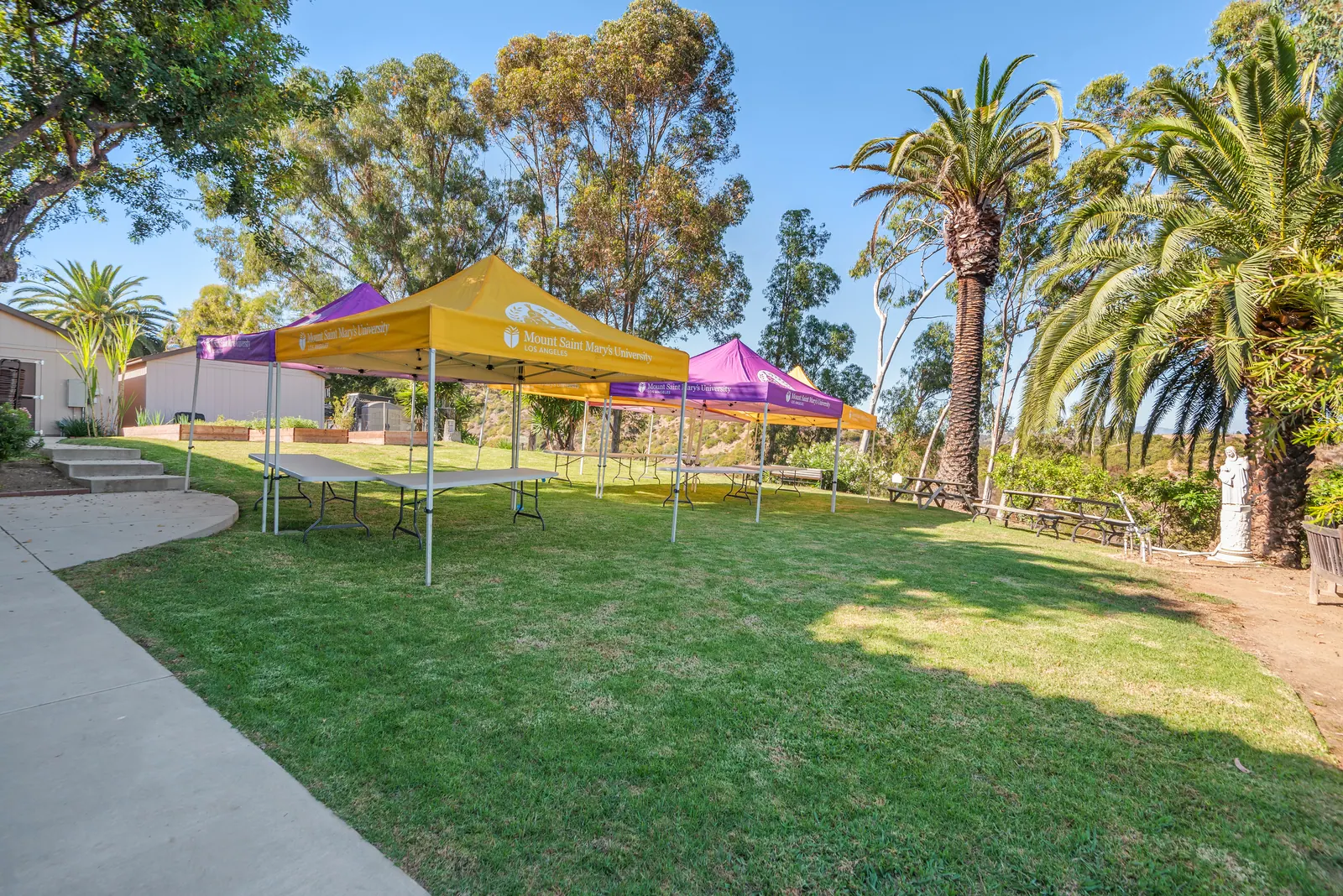 Event canopies set up on the Rossiter Hall lawn at Chalon Campus