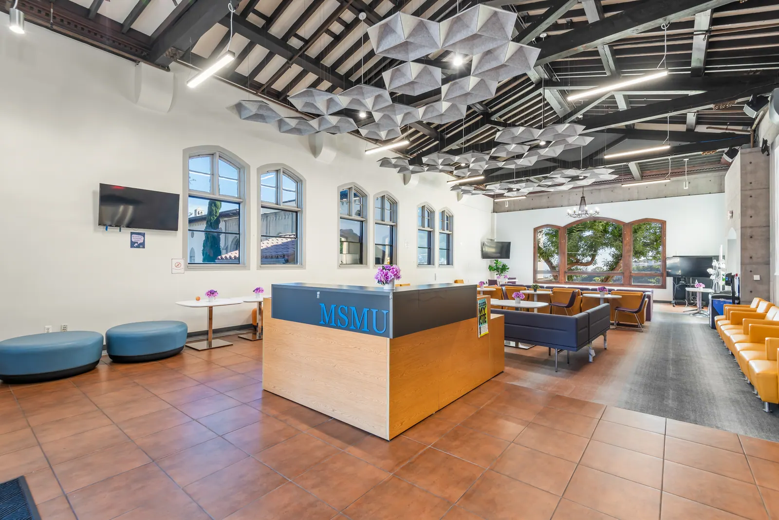 Colorful seating inside the Student Lounge at Chalon Campus